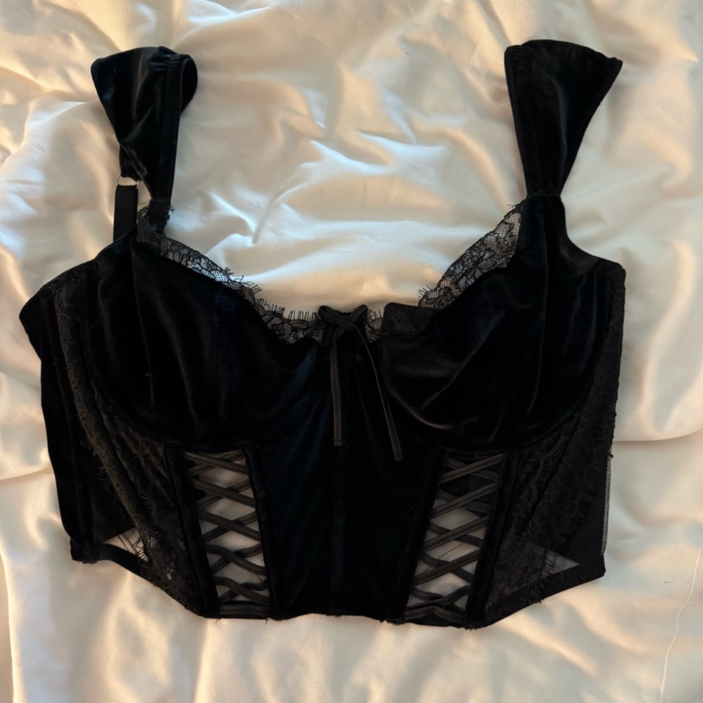 Victoria's Secret Black Velvet Lace Corset Crop Top